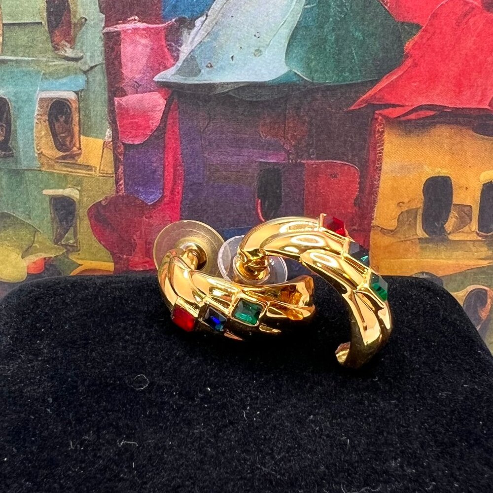 Mughal Color Stones on Gold Semi-Hoop Earrings 1990’s - Picture 2 of 8